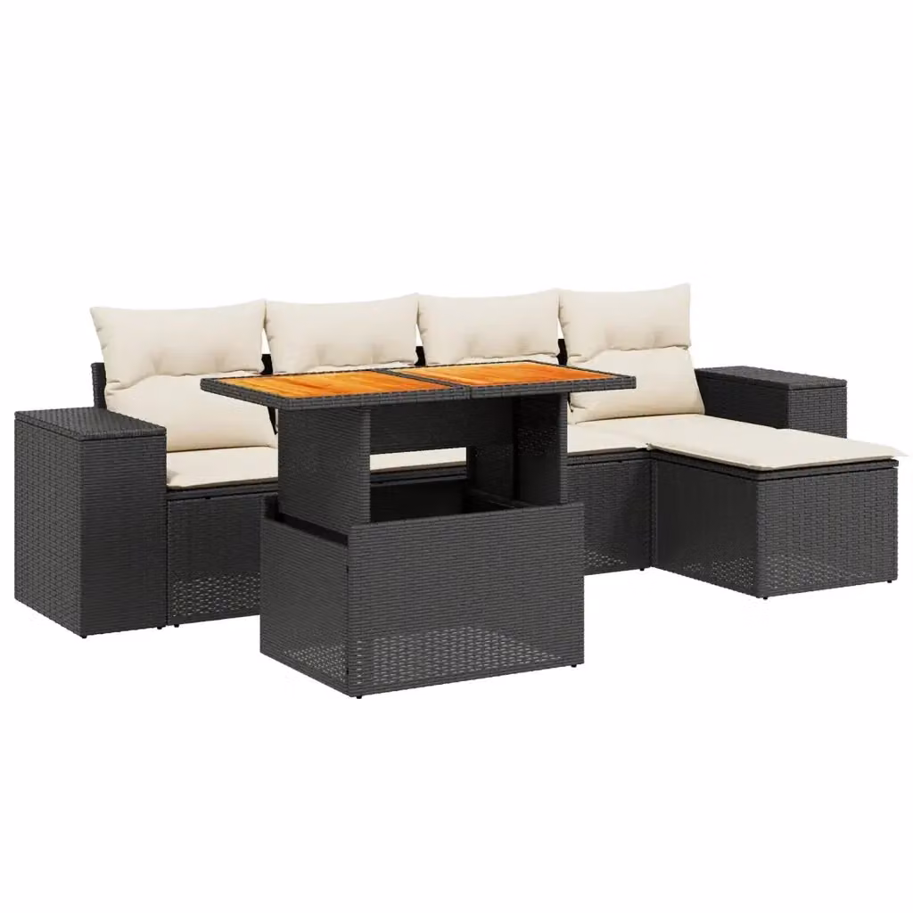 Set Divano da Giardino vidaXL 6 pz a L con Cuscini Nero e Bianco in Polyrattan e Legno di Acacia – 2