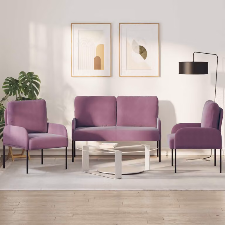 Set di divani 3 pezzi vidaXL in velluto viola e nero con cuscini decorativi e struttura in legno e metallo per il tuo soggiorno