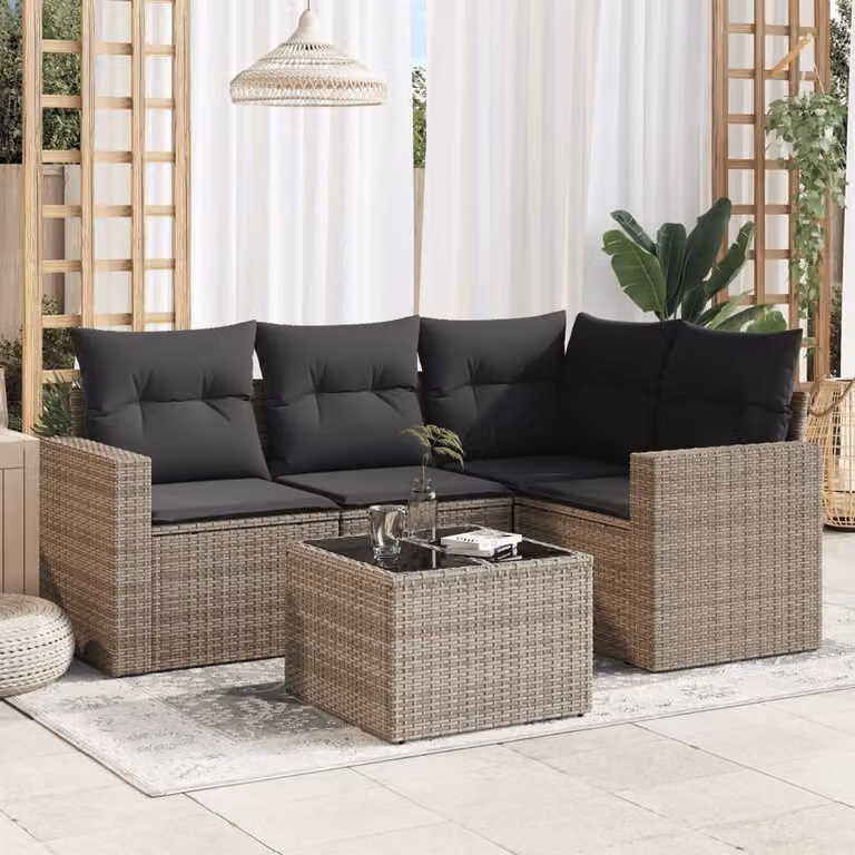 vidaXL Set Divano da Giardino a L 5 pz in Polyrattan Grigio con Cuscini e Tavolino