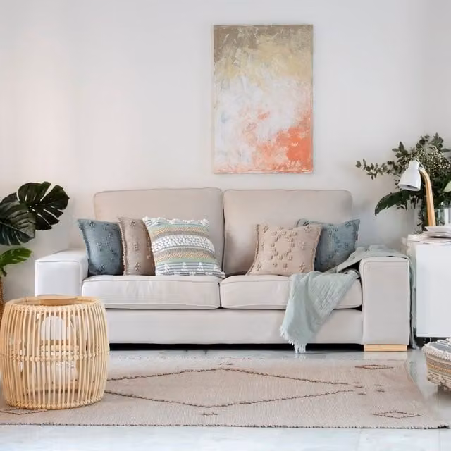 Divano a L Banak Moa beige con cuscini, modello moderno e reversibile per il tuo soggiorno, L/P/H: 192 x 90 x 90 cm