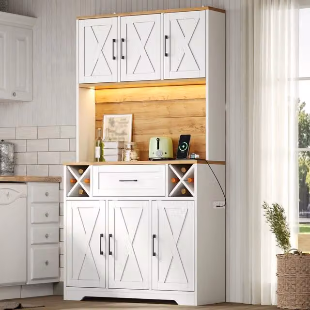 Credenza Country House in MDF Bianco e Beige con Illuminazione Integrata e Portabottiglie, L/P/H: 105 x 40 x 180 cm