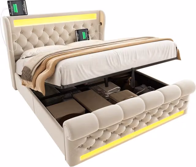 Letto matrimoniale 140x200 cm con materasso; contenitore idraulico; LED e USB-C in velluto beige