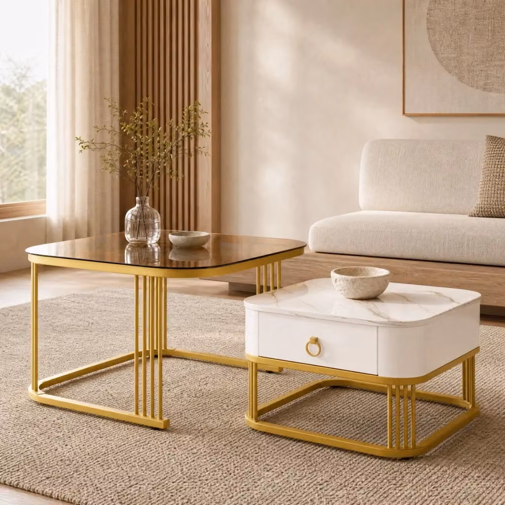 Set di 2 tavolini bassi a incastro Mivray con cassetto in MDF bianco e oro, piano in vetro marrone lucido e design glamour – 2