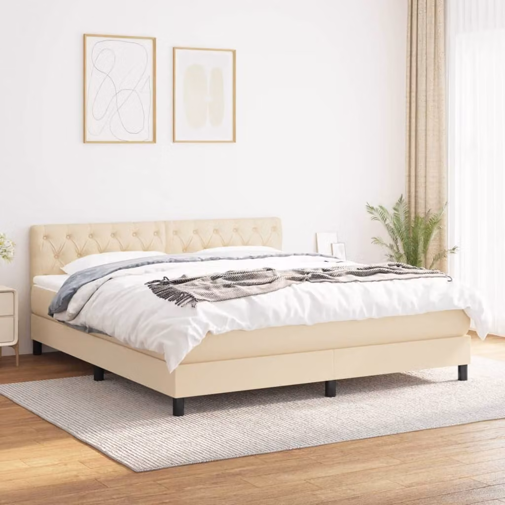 The Living Store Letto a molle con materasso crema 160x200 cm in tessuto