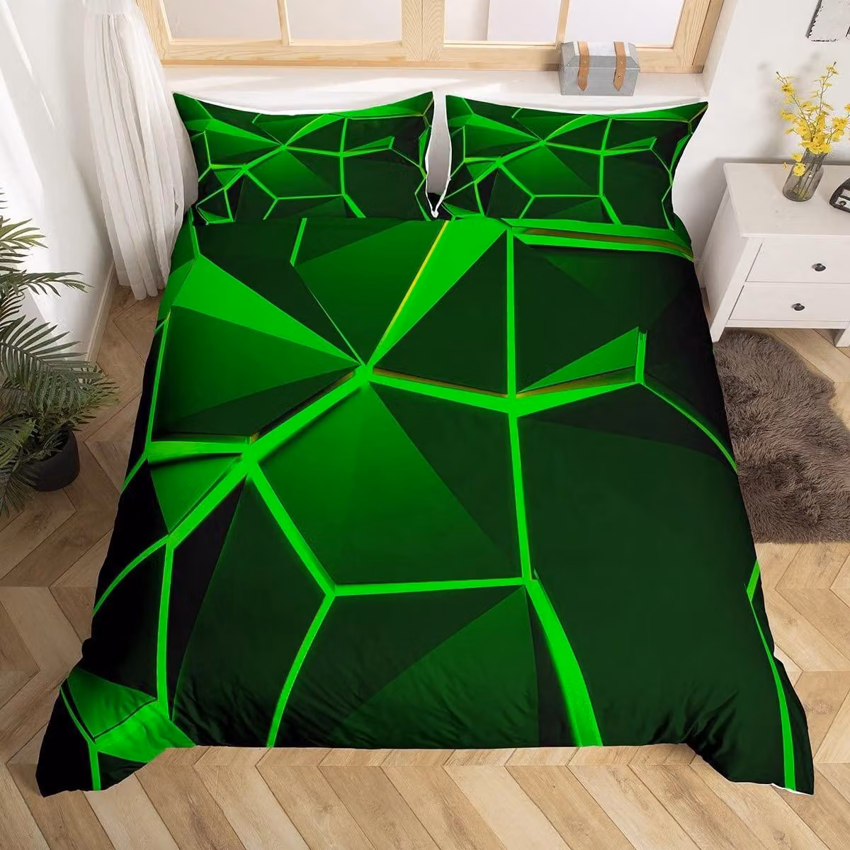 Elzusha - Set di lenzuola con copripiumino matrimoniale, motivo geometrico a nido d'ape, colore verde, con federe