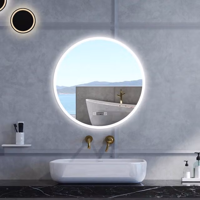 Specchio da bagno rotondo Aica Italy con retroilluminazione LED, funzione antifog, orologio e touch switch, Diametro: 80 cm