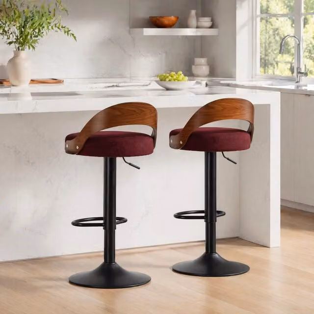 Set di 2 sgabelli da bar ULEVR girevoli a 360¡ã, altezza seduta 62-83 cm, lino rosso vino e struttura nera