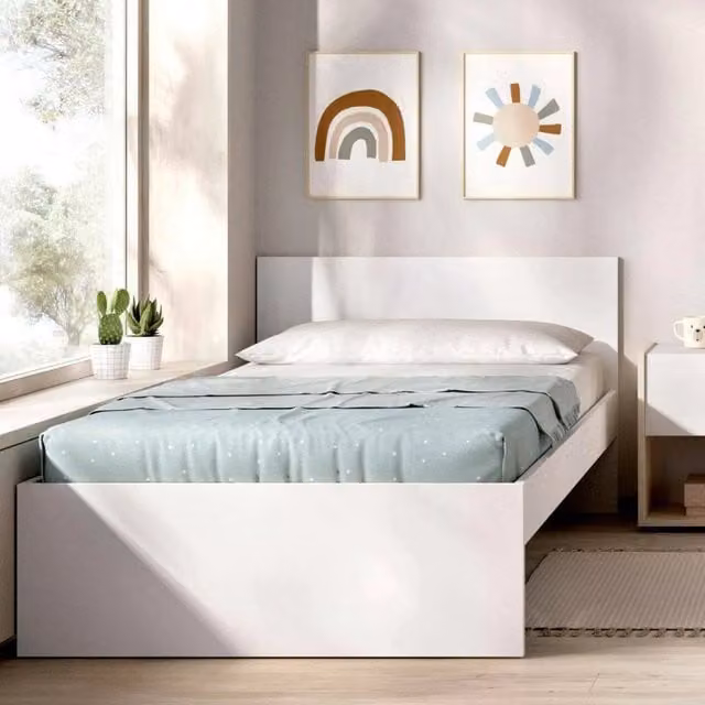 Letto singolo DMORA moderno in bianco, L/P/H: 90 x 190 x 67 cm