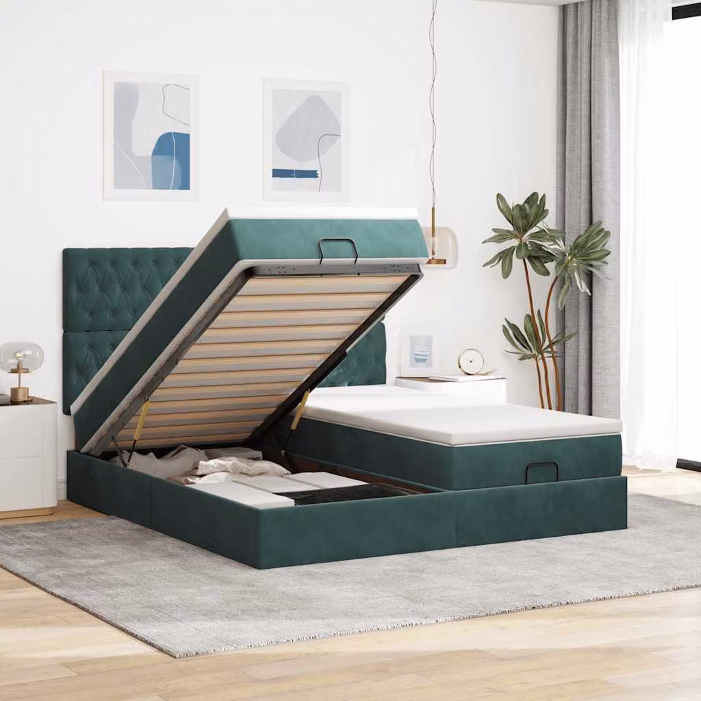 Letto con contenitore e pouf vidaXL in velluto verde e bianco con base a sollevamento, porte USB e illuminazione sottostante, L/P/H: 200 x 200 x 128 cm
