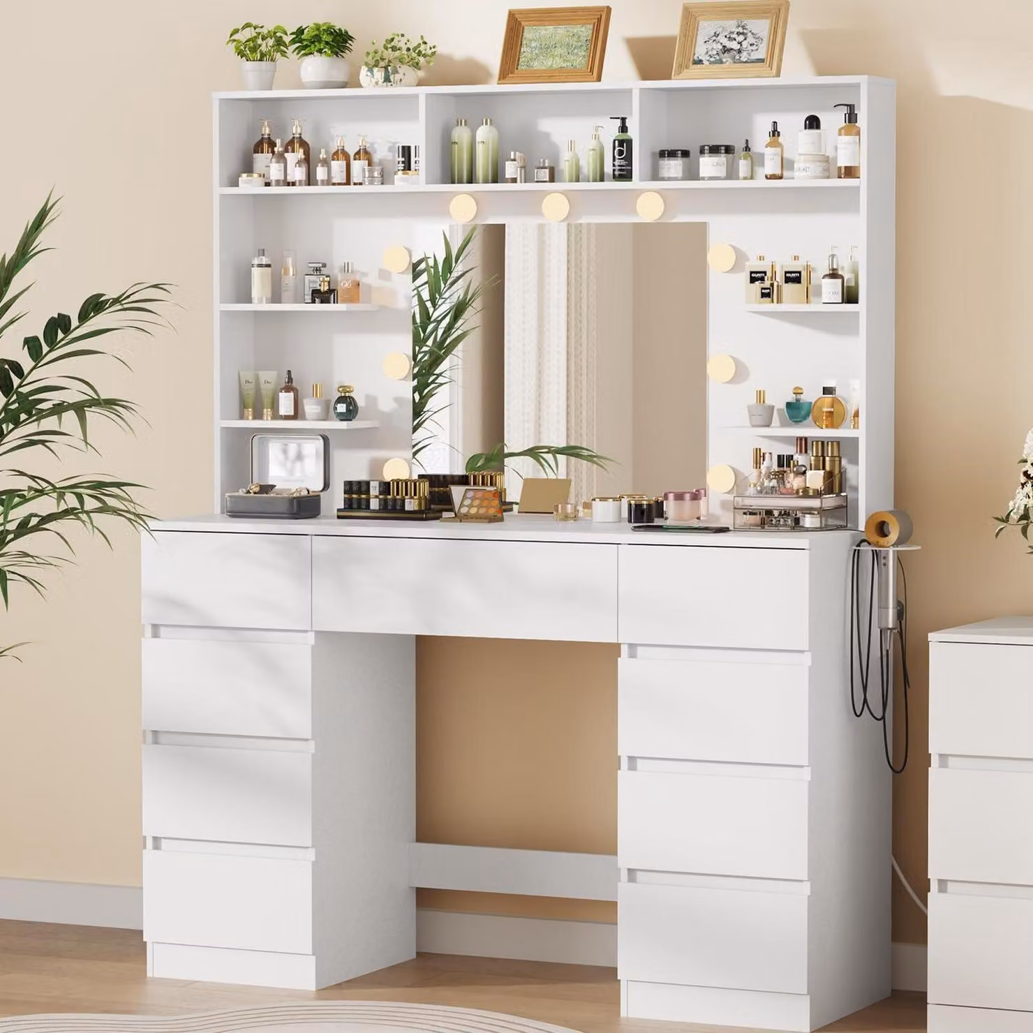 Comò da trucco con specchio e illuminazione a LED, 107 cm di altezza, bianco, 9 cassetti, 7 ripiani, presa di corrente