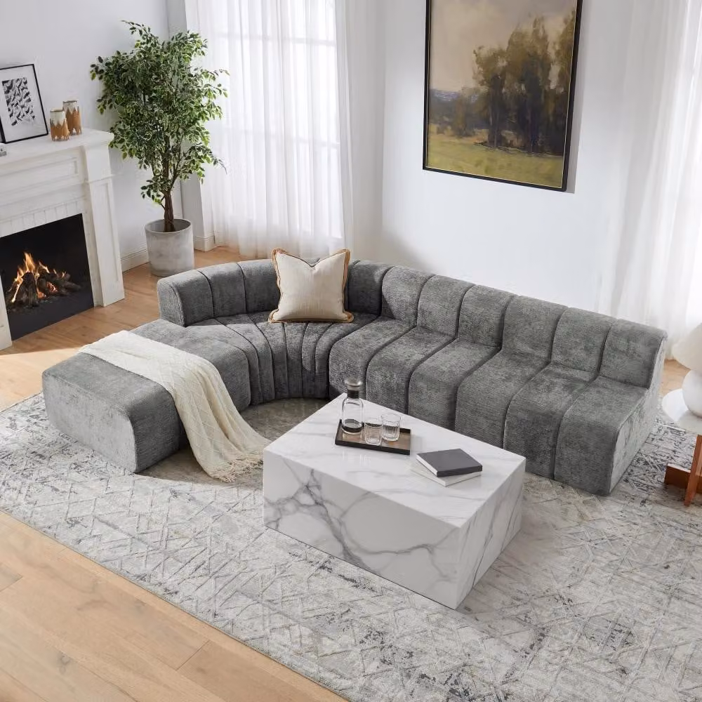 Divano angolare modulare a 4 posti - a forma di "S" - con elementi sfoderabili - moduli senza schienale - rivestito in velluto chenille - colore grigio