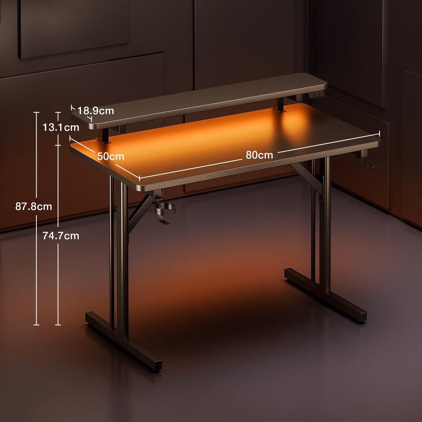 Scrivania da gaming - 80 cm di larghezza, fibra di carbonio nera - 88 cm di altezza - Struttura in metallo - Con illuminazione LED - Scrivania per computer
