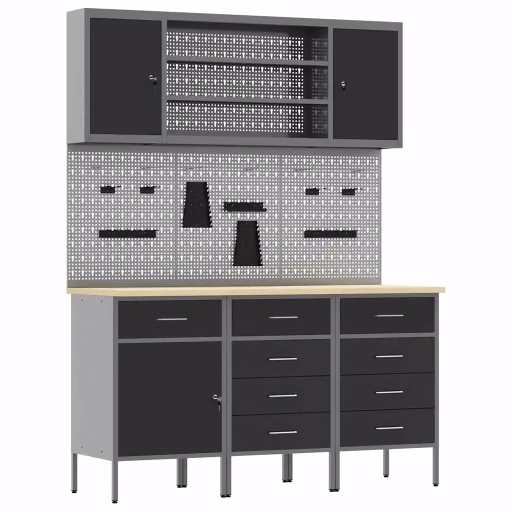 Mobile da lavoro vidaXL con cassetto 7 pz in acciaio e legno Nero e Grigio – 2