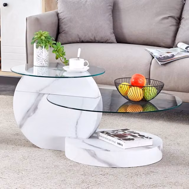 Tavolino basso Mivray con due ripiani circolari in vetro trasparente e MDF bianco, diametro: 70 cm e 50 cm