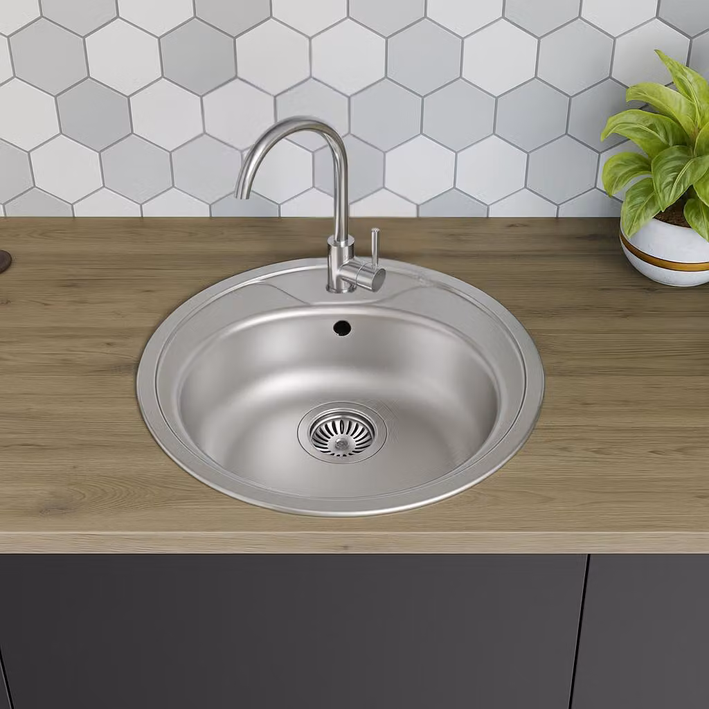 [Lavello in acciaio inox Ø 51 cm + rubinetto] Lavello da cucina di alta qualità, montabile su entrambi i lati Lavello rotondo da incasso in acciaio inox Lavello in acciaio inox per basi da 45 cm incl. set di sifoni