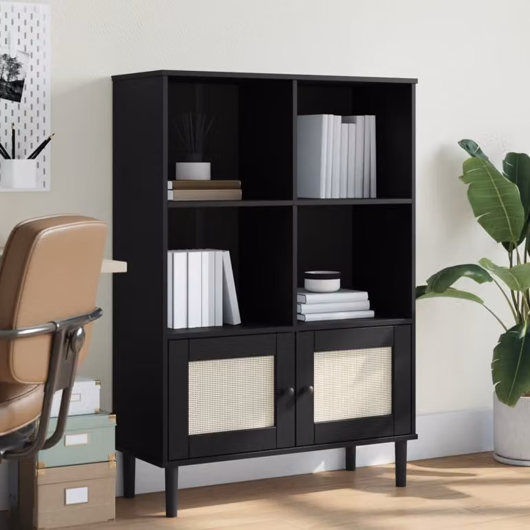 Credenza vidaXL SENJA in legno di pino con aspetto rattan, colore nero, L 90 cm, P 35 cm, H 130 cm