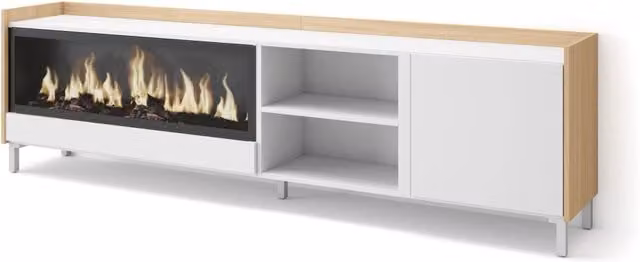 Mobile TV Soggiorno, 212x61x35 cm, Per TV fino a 80", Camino elettrico XXL, Design industriale, Bianco e Rovere soft