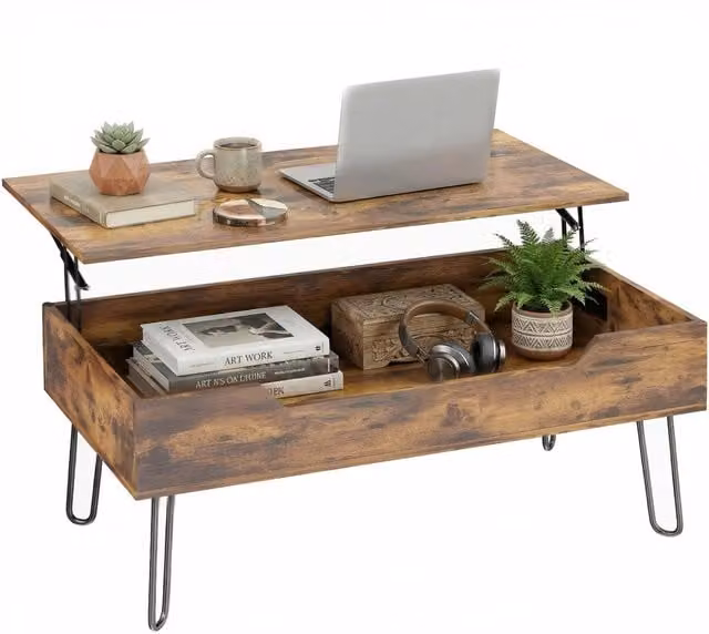 Tavolino da caffè Xylo con piano elevabile in legno marrone e gambe in acciaio, L 95 cm x P 50 cm x H 40 cm
