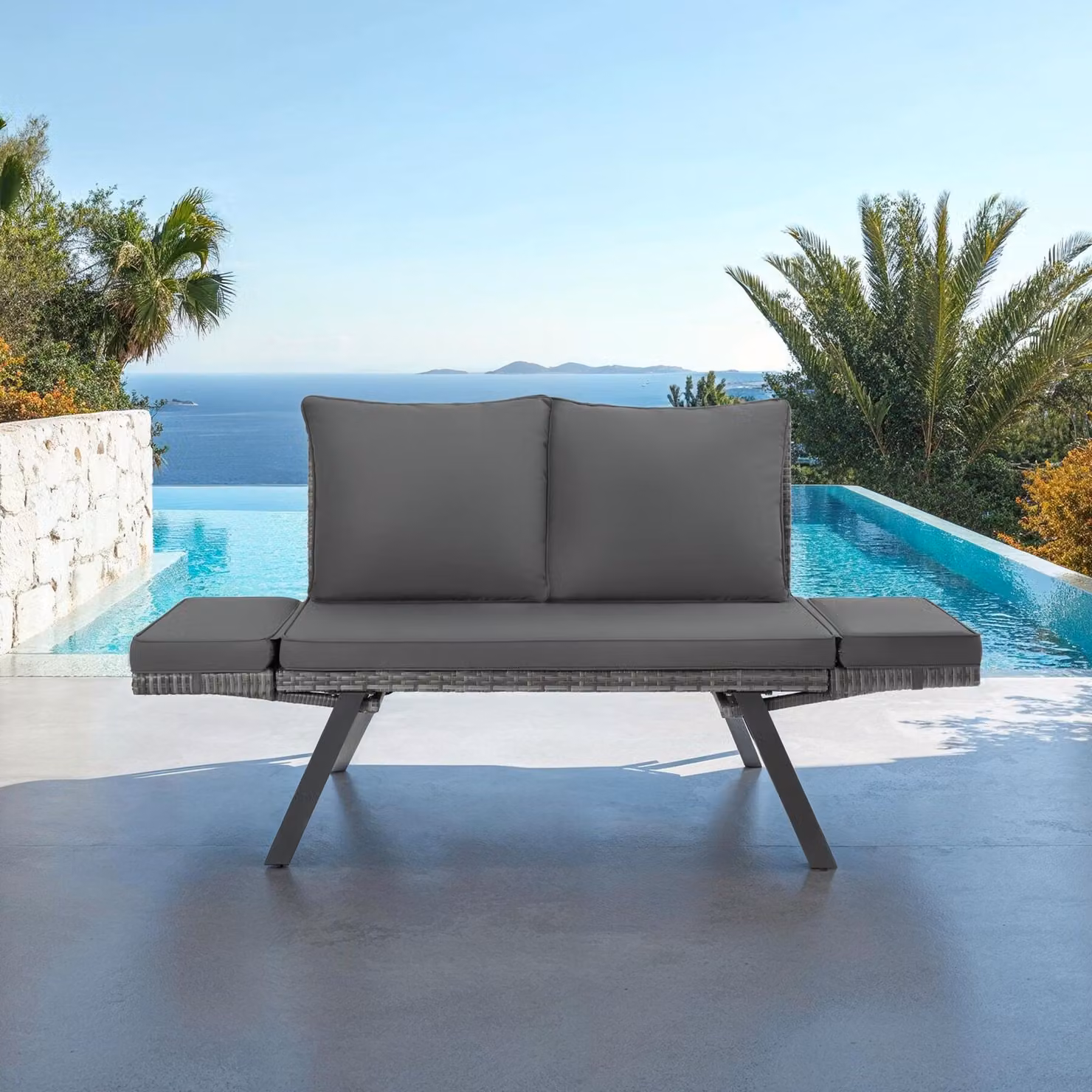 Divano lounge Sintra Tectake in rattan e metallo con braccioli regolabili e coperture rimovibili, grigio, L: 157,0 cm, P: 89,0 cm, H: 61,0 cm – 2