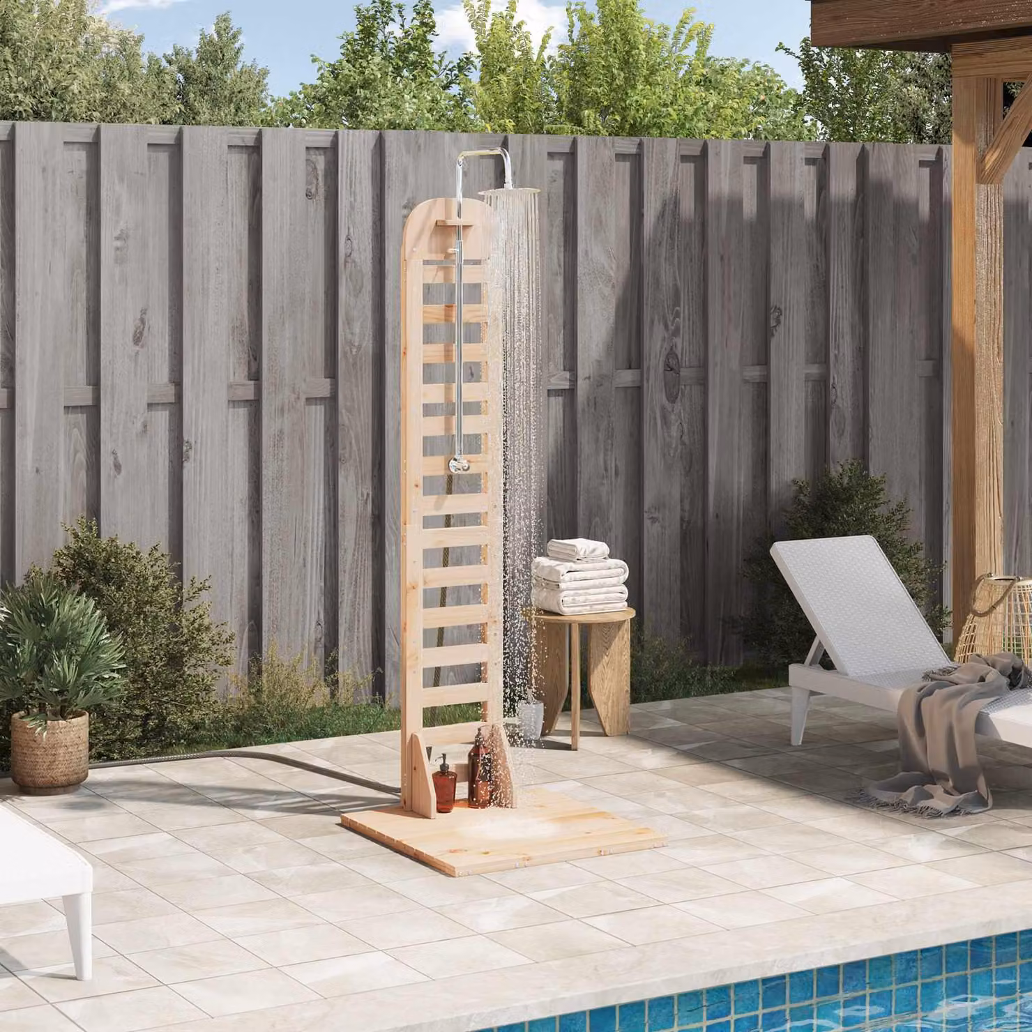 Maison Exclusive - Doccia da esterno, 223 cm, realizzata in legno massello di pino e acciaio inossidabile, finitura naturale