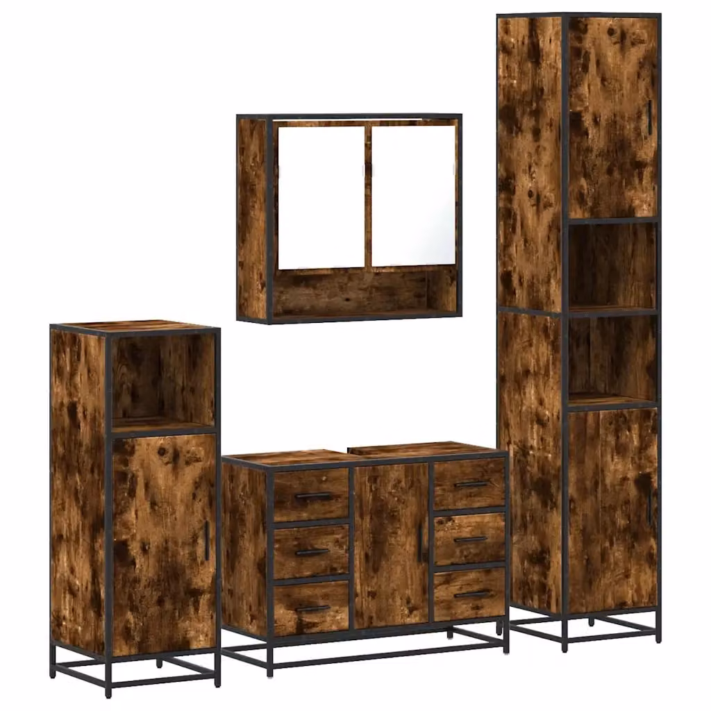 Set di mobili da bagno industrial vidaXL in legno e metallo marrone composto da armadietto con specchio, mobile lavabo, mobile laterale e colonna alta – 2