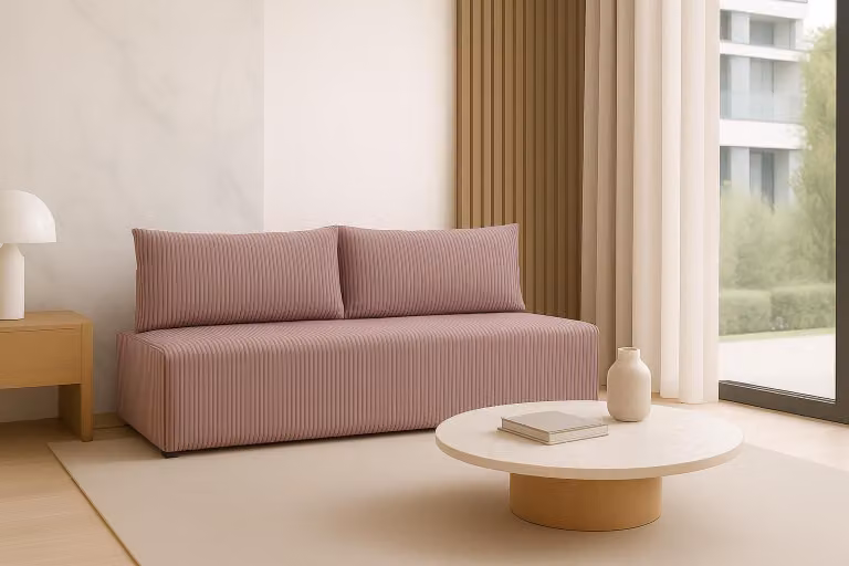 Divano Sofello LUNO con funzione letto rosa - Divano moderno in velluto a coste per il vostro salotto, zona notte: 204×144 cm