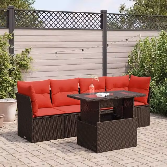 Set Divano da Giardino 5 pz Cuscini Marrone Polyrattan e Acacia 3326095