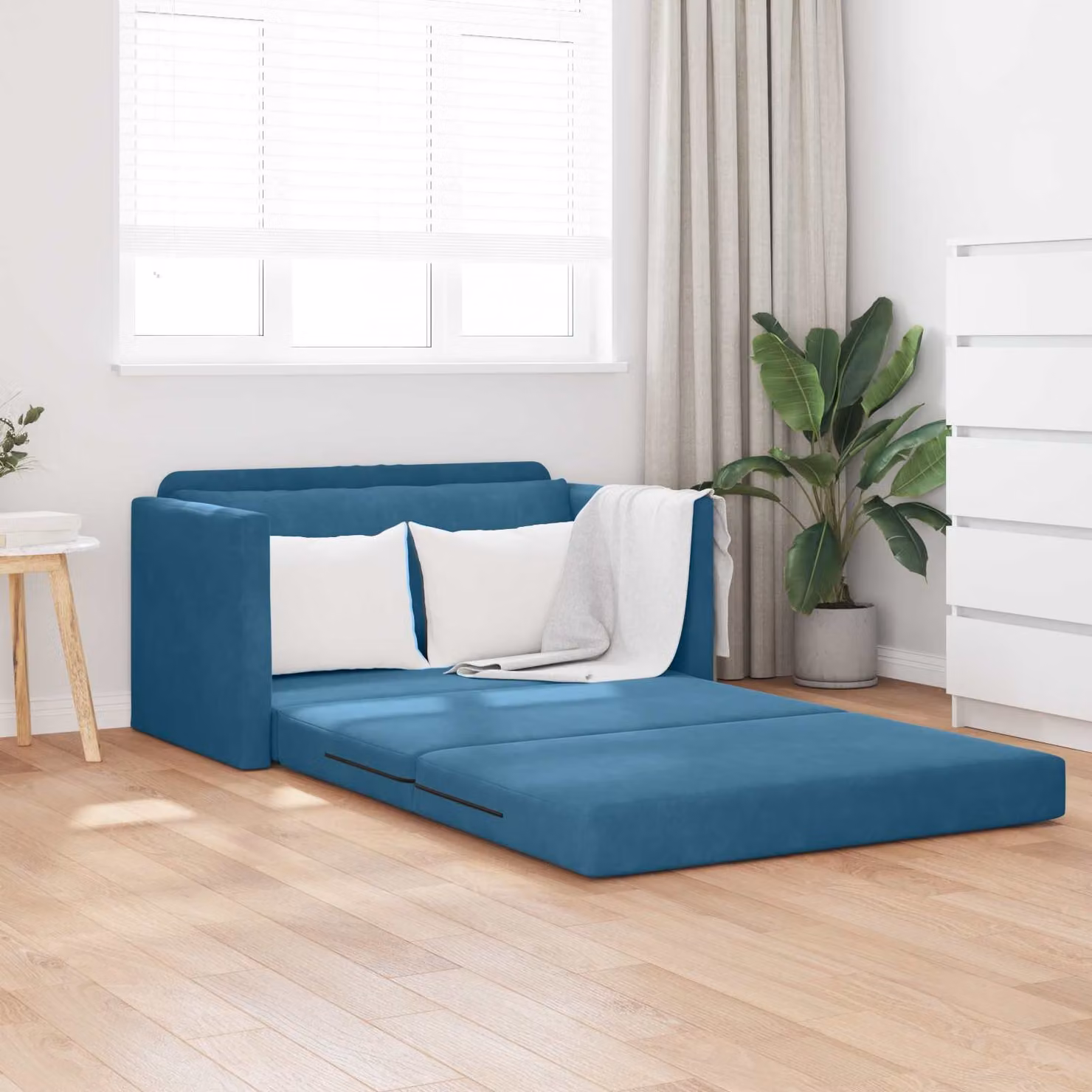 Divano letto moderno vidaXL in velluto blu con funzione letto e coperture rimovibili L: 124 cm, P: 71 cm, H: 78 cm