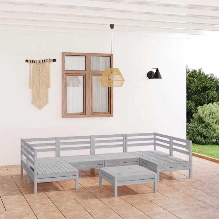 Set Salotto da Giardino vidaXL in Legno di Pino Bianco con 7 Pezzi e Cuscini, Design a L con Orientamento Sinistro e Colore Grigio e Bianco