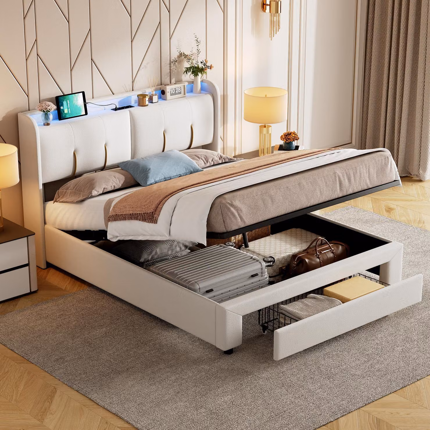 letto contenitore 160x200 cm con illuminazione a LED, rete a doghe, connessione USB tipo C e rivestimento in velluto bianco