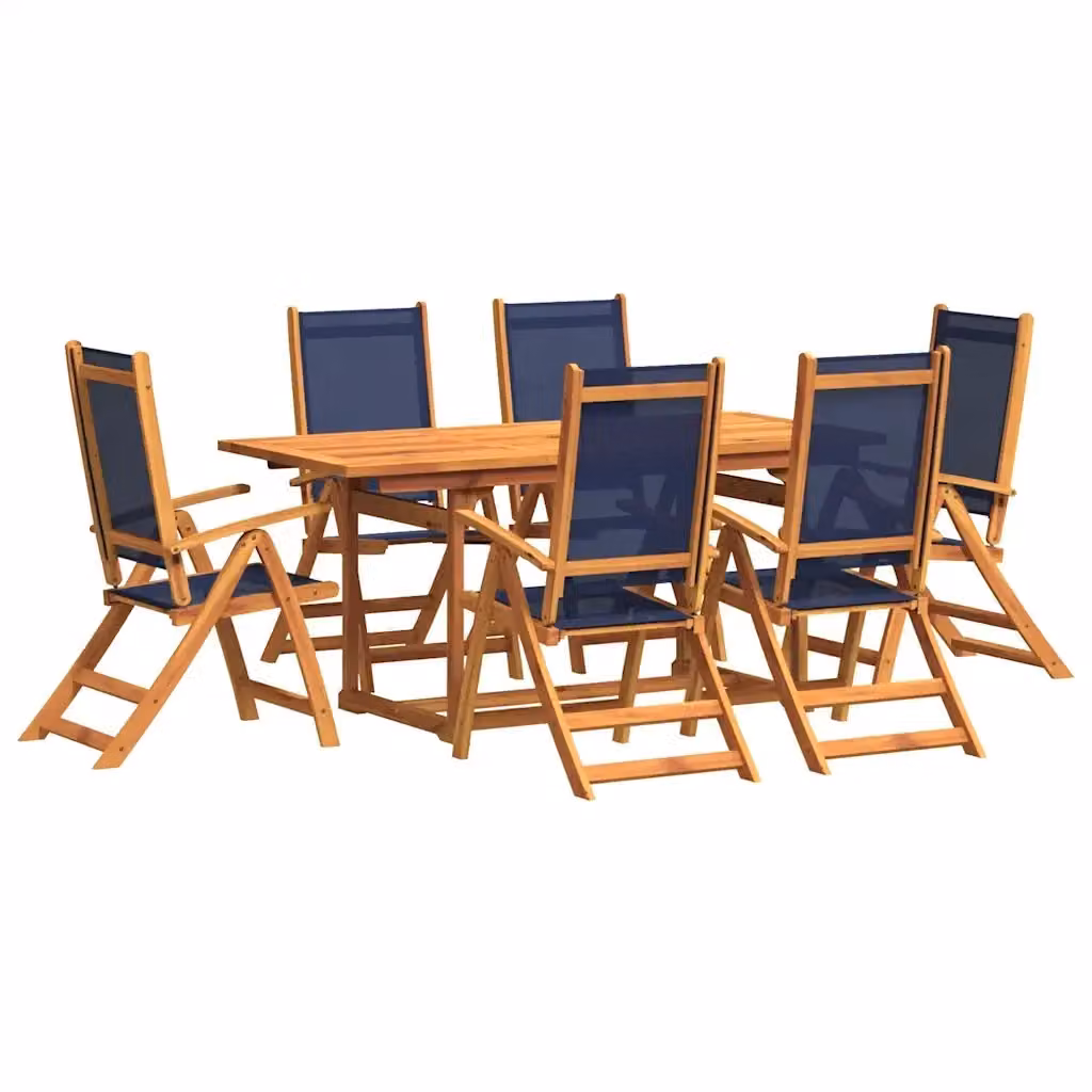 Set Pranzo da Giardino vidaXL in 7 Pezzi in Legno di Acacia Oliato e Textilene Blu e Marrone L/P/H: 120 x 75 x 80 cm – 2