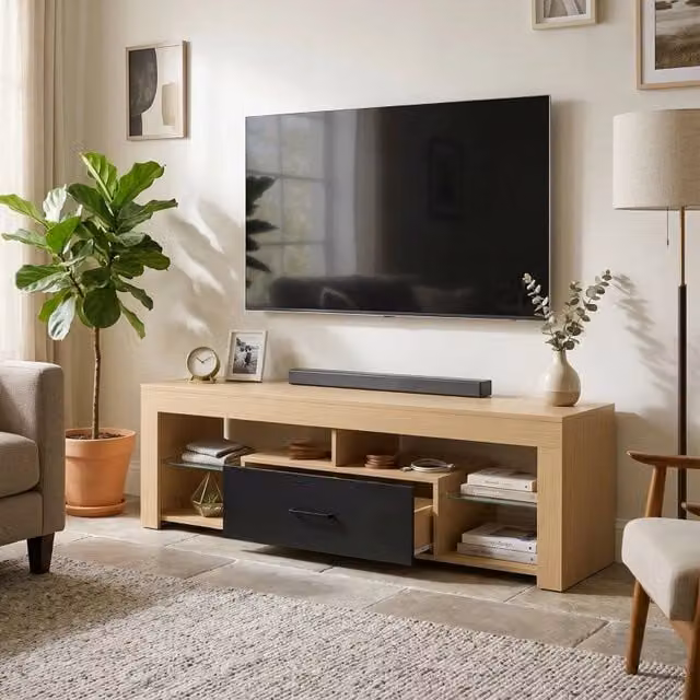 Mobile TV Minimal in rovere con ripiani in vetro regolabili per TV fino a 65 pollici, L: 140 cm, P: 40 cm, H: 45 cm – 1
