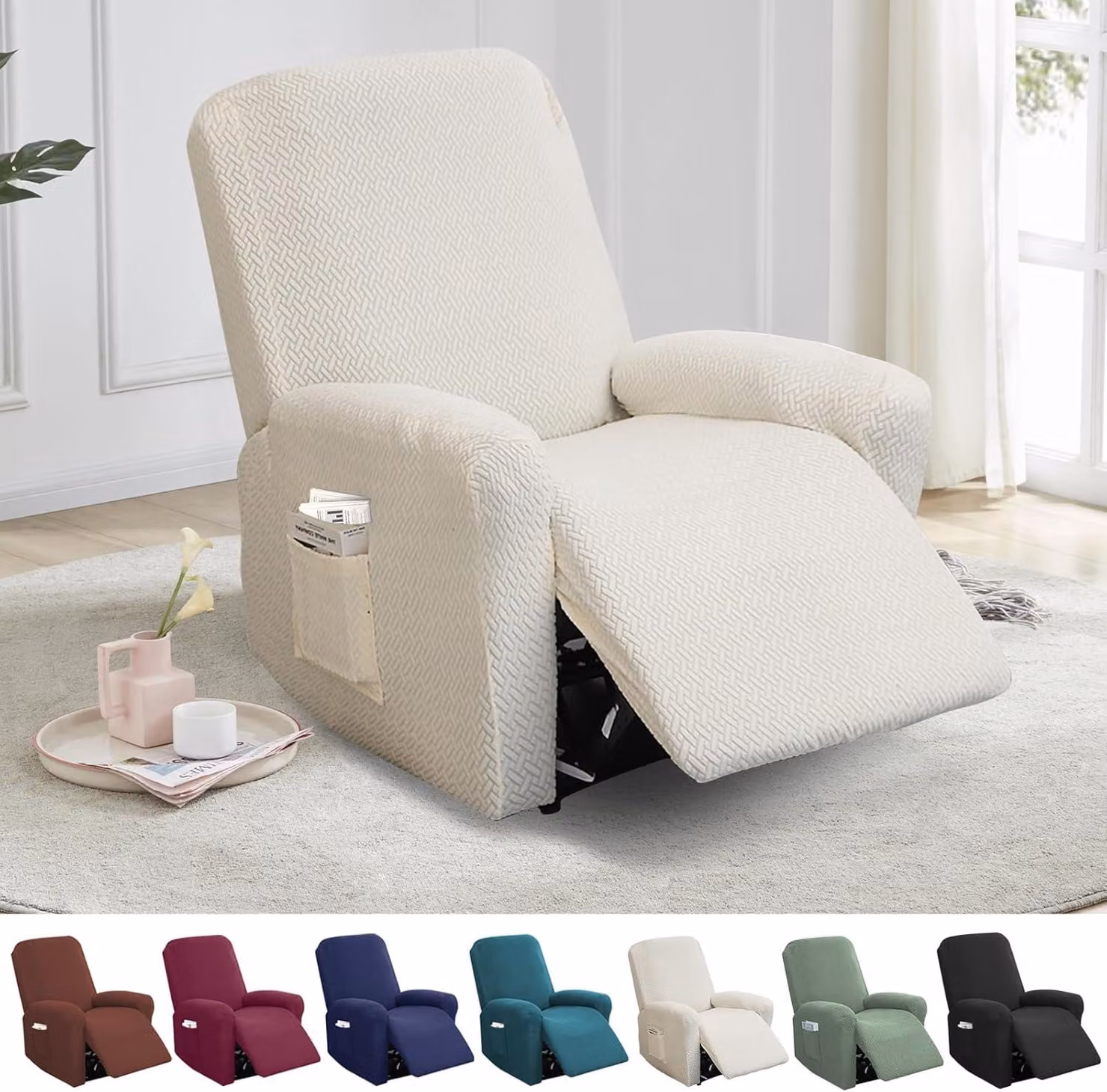 Copertura per poltrona, set di 4 pezzi, in velluto elasticizzato, con tasche, per poltrone da TV