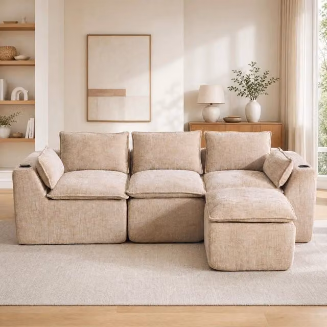 Divano modulare 3 posti con tasche laterali e cuscini, in chenille khaki e nucleo a molle, 256 × 161 × 75 cm