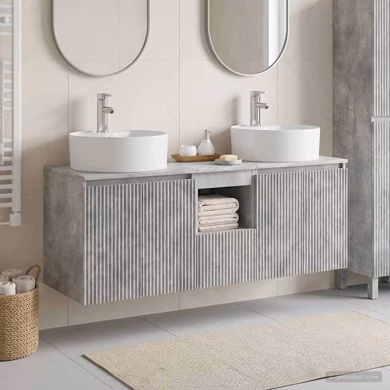 Set di mobili da bagno moderni vidaXL in 3 pezzi colore grigio, composto da mobile lavabo e armadietti laterali con ripiani interni, L/P/H: 49,5 x 44,5 x 65 cm