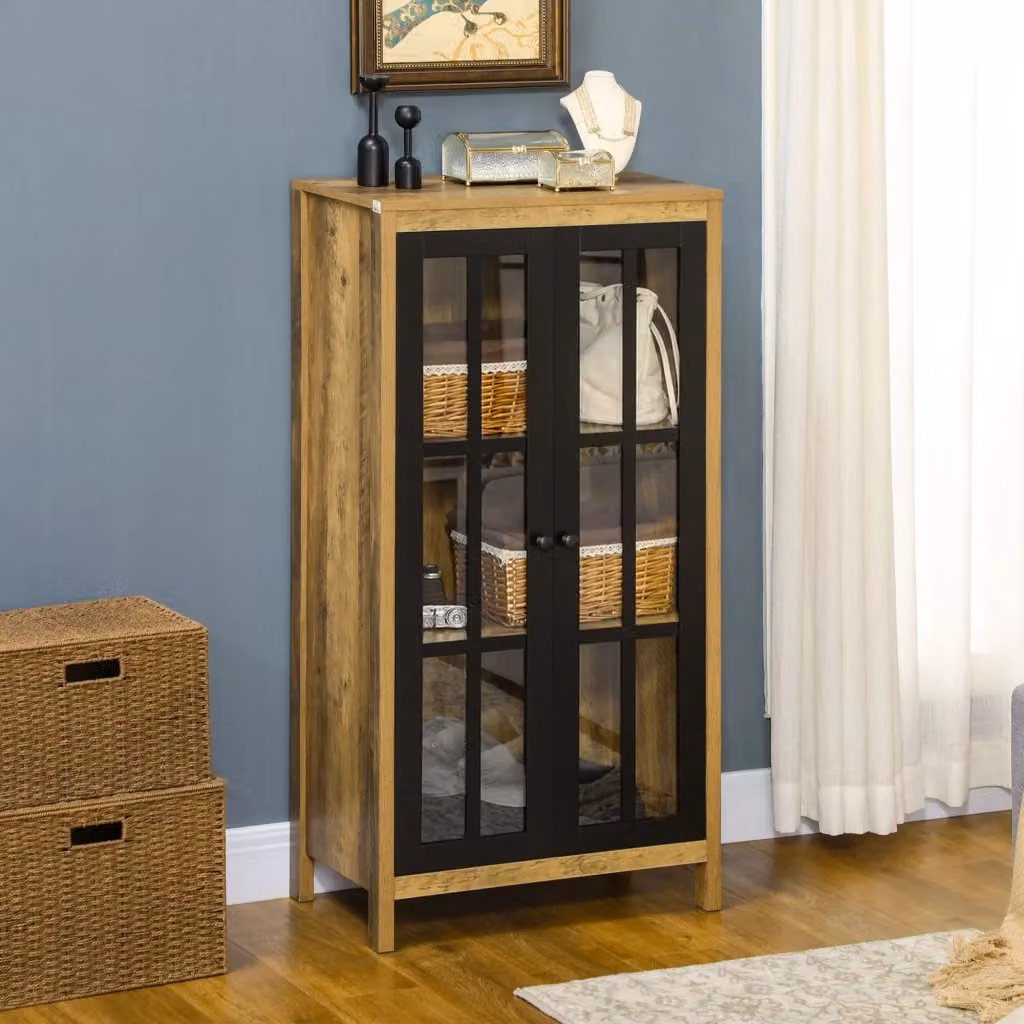 Credenza Moderna GIORDANOSHOP con 2 Ante in Vetro e Ripiani Interni, Marrone e Nero, L: 60 cm, P: 35 cm, H: 120 cm – 2