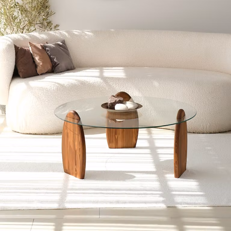Skye Decor, Surf - Chesnut, trasparente, tavolino, castagno, vetro temperato al 100%, 90 x 90 x 41 cm