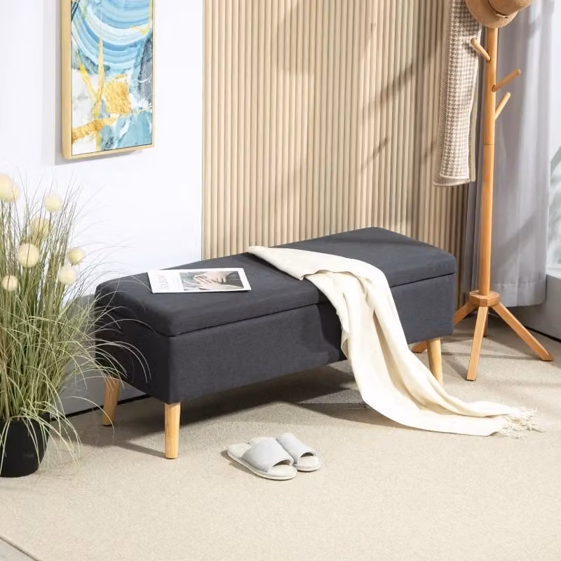 Panca contenitore OKWISH in stile scandinavo con seduta imbottita in tessuto grigio, L: 110 cm, P: 39 cm, H: 45 cm – 2