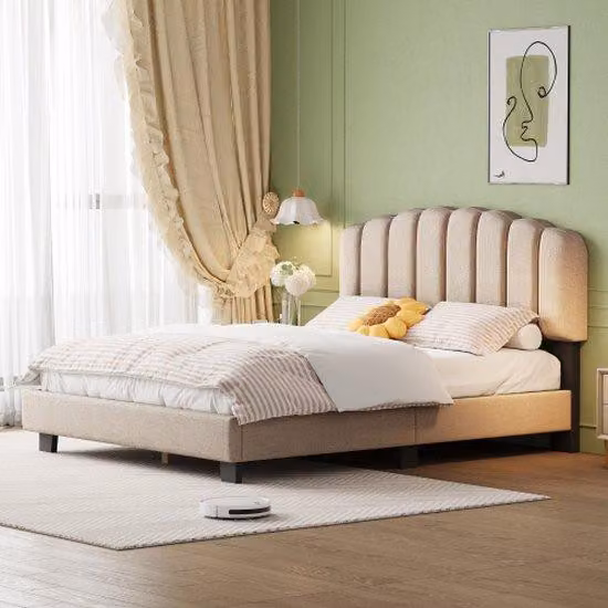Letto minimalista, 140 x 200 cm, con rete a doghe, testiera unica, testiera regolabile, tessuto in lino, color beige scuro, superficie per il riposo