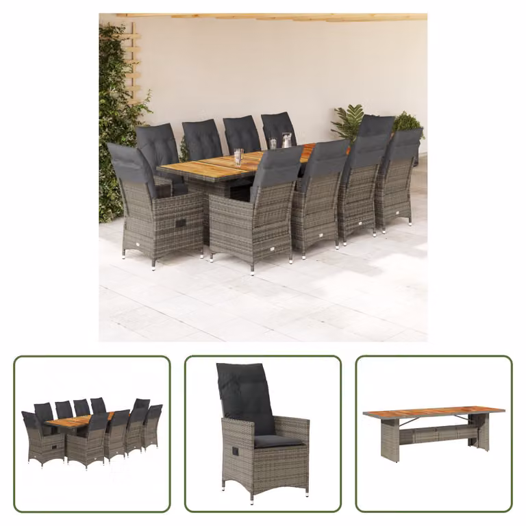 The Living Store Set bistrot da giardino 11 pezzi con cuscini in poly rattan grigio
