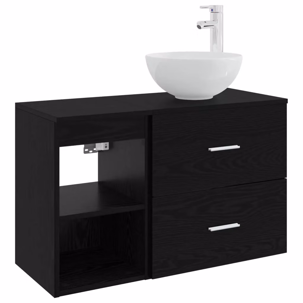 Set di mobili da bagno moderni vidaXL composto da mobile lavabo e pensile a parete in legno nero opaco L/P/H: 80,0 x 35,0 x 49,5 cm e 66,4 x 26,4 x 34,0 cm – 2