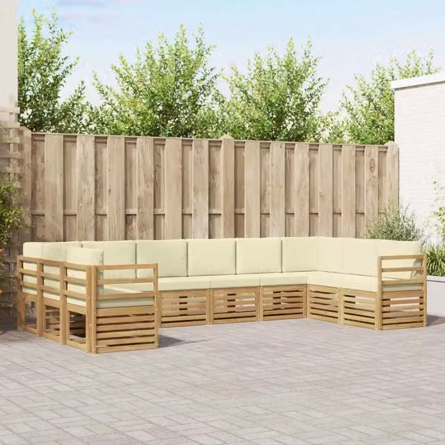Set di divani da esterno a L vidaXL in legno di acacia con cuscini bianchi e beige – 1