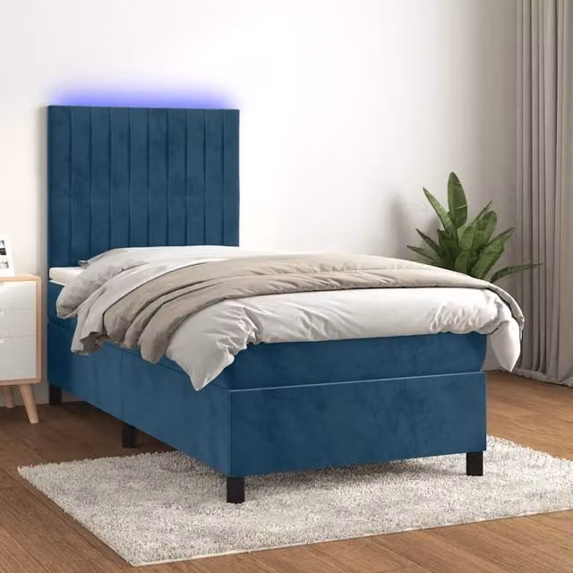 Letto moderno vidaXL in velluto blu con materasso ibrido, illuminazione LED sottostante e porta USB, L/P/H: 90 x 200 x 128 cm – 1