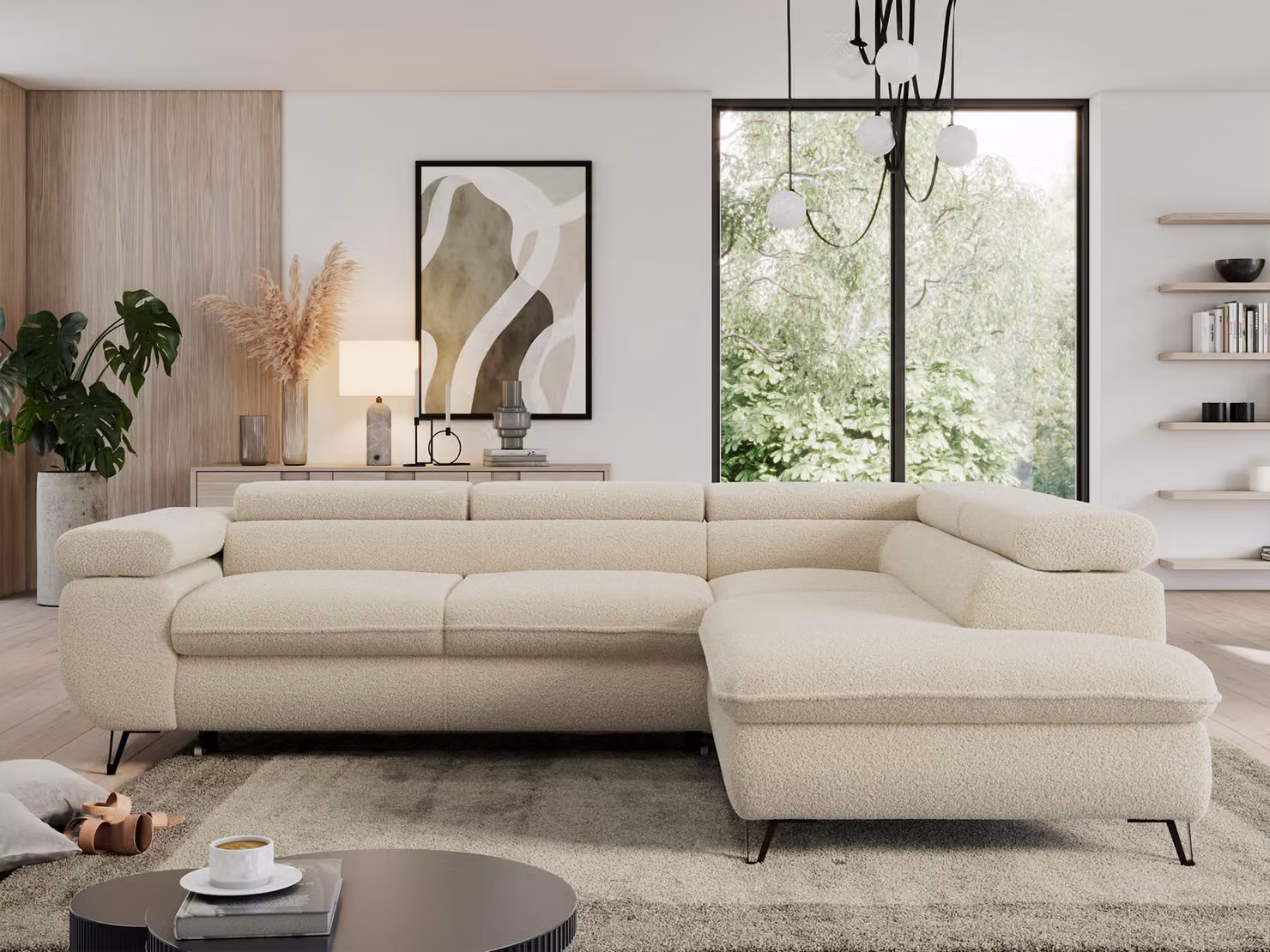 Divano con funzione letto, divano angolare a L, divano da salotto, con poggiatesta regolabili - PEDRO L - Boucle - Beige - Destra