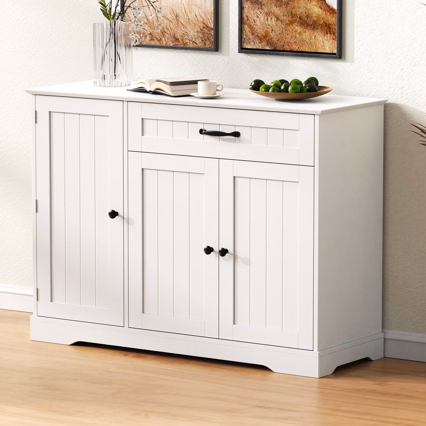 Flieks: credenza moderna con 3 ante e un cassetto, mobile da sala da pranzo 107x40x84 cm, cassettiere, bianco