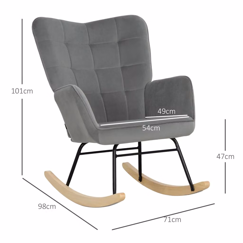 Poltrona a dondolo moderna WISHDOR con rivestimento in velluto e braccioli, base in legno di faggio, Grigio scuro – 2