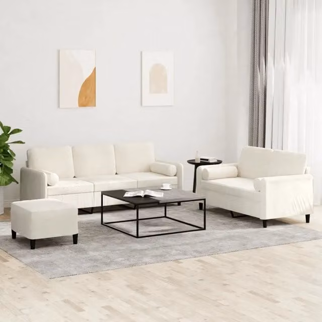 Set di divani moderno vidaXL in velluto beige composto da divano a 3 posti, divano a 2 posti e pouf con cuscini inclusi