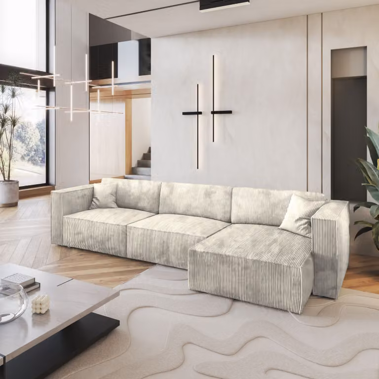 Divano angolare TOLMO P di Masseno con funzione letto a L, divano con box letto, divano da soggiorno, divano, divano letto, set di divani - crema, POSO 100