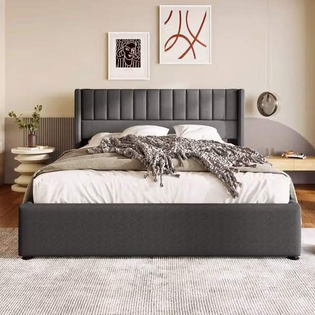 Letto contenitore Mivray con sollevamento idraulico, rete a doghe e testiera imbottita in lino grigio, L/P: 160 x 200 cm – 1