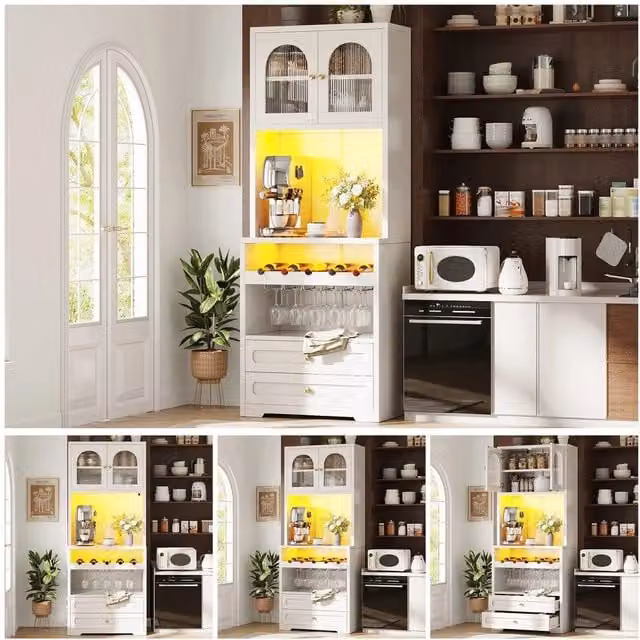 Armadio alto Minimal bianco con ante in vetro, illuminazione LED, porta vini e ripiani regolabili per soggiorno o sala da pranzo, L/P/H: 40 x 37 x 180 cm – 1